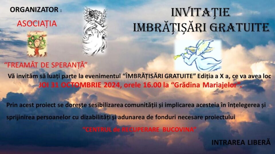 Evenimentul caritabil „Îmbrățișări Gratuite”, în ultima zi din octombrie, la Câmpulung Moldovenesc Evenimentul caritabil „Îmbrățișări Gratuite”, în ultima zi din octombrie, la Câmpulung Moldovenesc