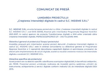 LANSAREA PROIECTULUI „Creșterea intensității digitale în cadrul S.C. INSIEME S.R.L”