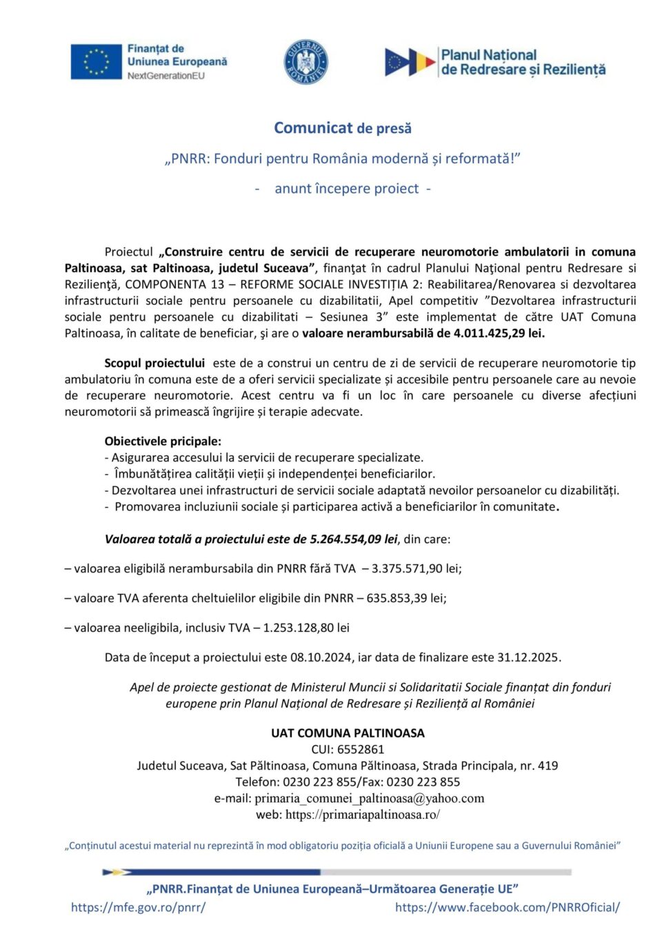 „PNRR: Fonduri pentru România modernă și reformată!” - anunt începere proiect - „PNRR: Fonduri pentru România modernă și reformată!” - anunt începere proiect -