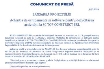 LANSAREA PROIECTULUI - Achiziția de echipamente și software pentru dezvoltarea activității la SC TOP CONSTRUCT SRL