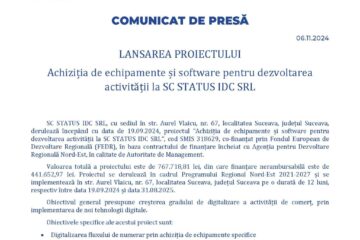 LANSAREA PROIECTULUI Achiziția de echipamente și software pentru dezvoltarea activității la SC STATUS IDC SRL