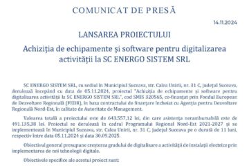 LANSAREA PROIECTULUI Achiziția de echipamente și software pentru digitalizarea activității la SC ENERGO SISTEM SRL