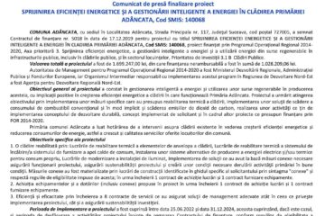 SPRIJINIREA EFICIENȚEI ENERGETICE ȘI A GESTIONĂRII INTELIGENTE A ENERGIEI ÎN CLĂDIREA PRIMĂRIEI ADÂNCATA, Cod SMIS: 140068