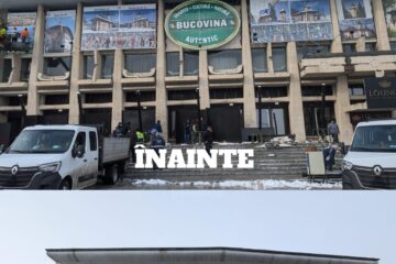 Casa de Cultura inainte si dupa operațiunea de îndepartare a panourilor și a terasei de la parter