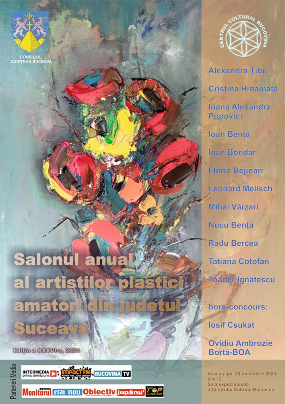 Vernisajul Salonului anual al artiștilor plastici amatori din județul Suceava, joi, la Centrul Cultural „Bucovina” Vernisajul Salonului anual al artiștilor plastici amatori din județul Suceava, joi, la Centrul Cultural „Bucovina”