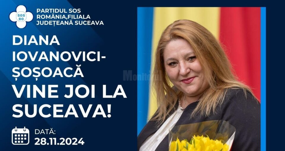 Președinta S.O.S. România, Diana Șoșoacă, va fi prezentă joi în județul Suceava