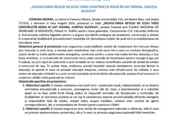 „DEZVOLTAREA REȚELEI DE ȘCOLI VERZI CONSTRUCȚIE NOUĂ ÎN UAT MOARA, JUDEȚUL SUCEAVA”