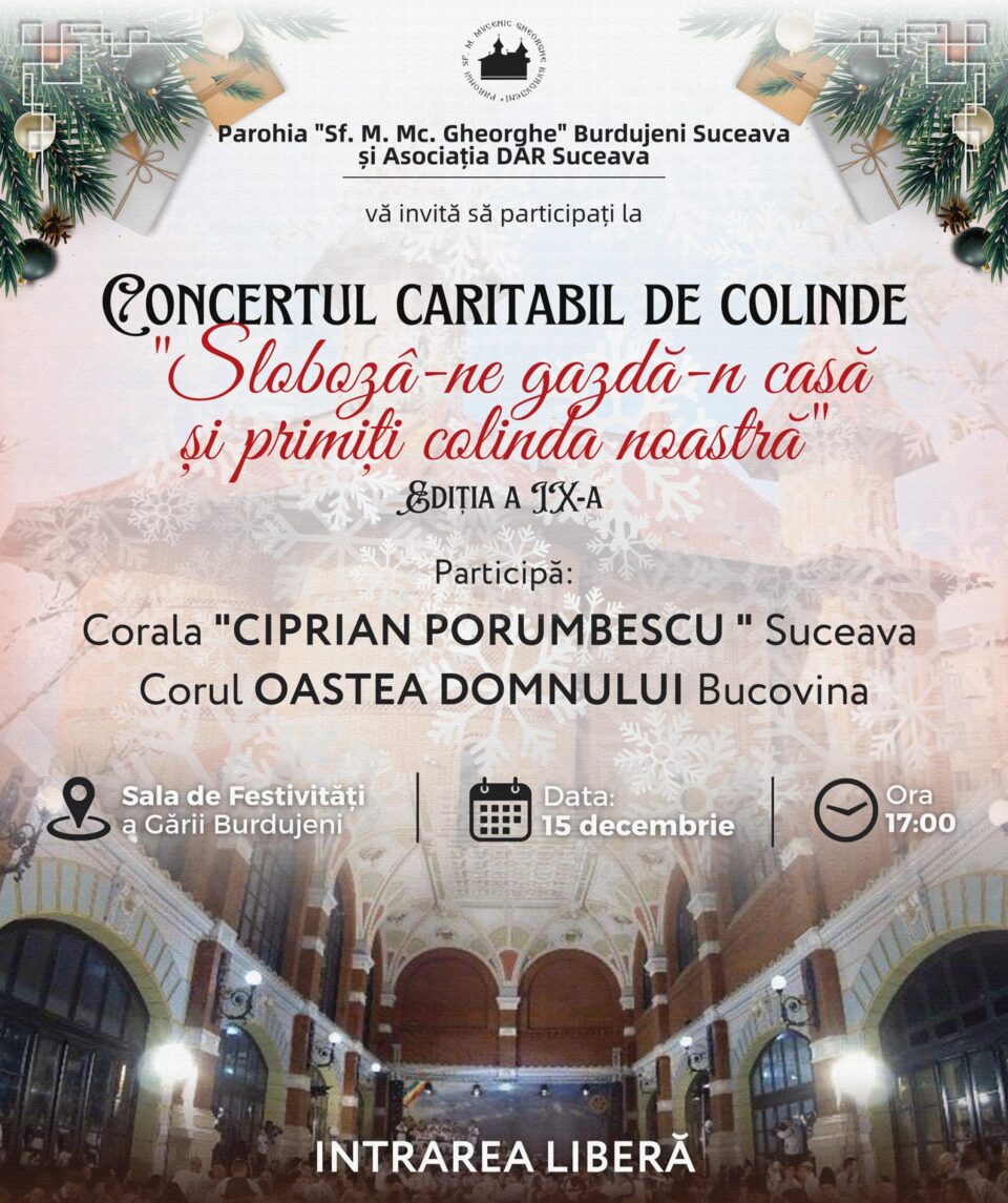 Parohia „Sf. Mare Mucenic Gheorghe” Burdujeni și Asociația „DAR” organizează un concert caritabil de colinde, la Gara Burdujeni Parohia „Sf. Mare Mucenic Gheorghe” Burdujeni și Asociația „DAR” organizează un concert caritabil de colinde, la Gara Burdujeni