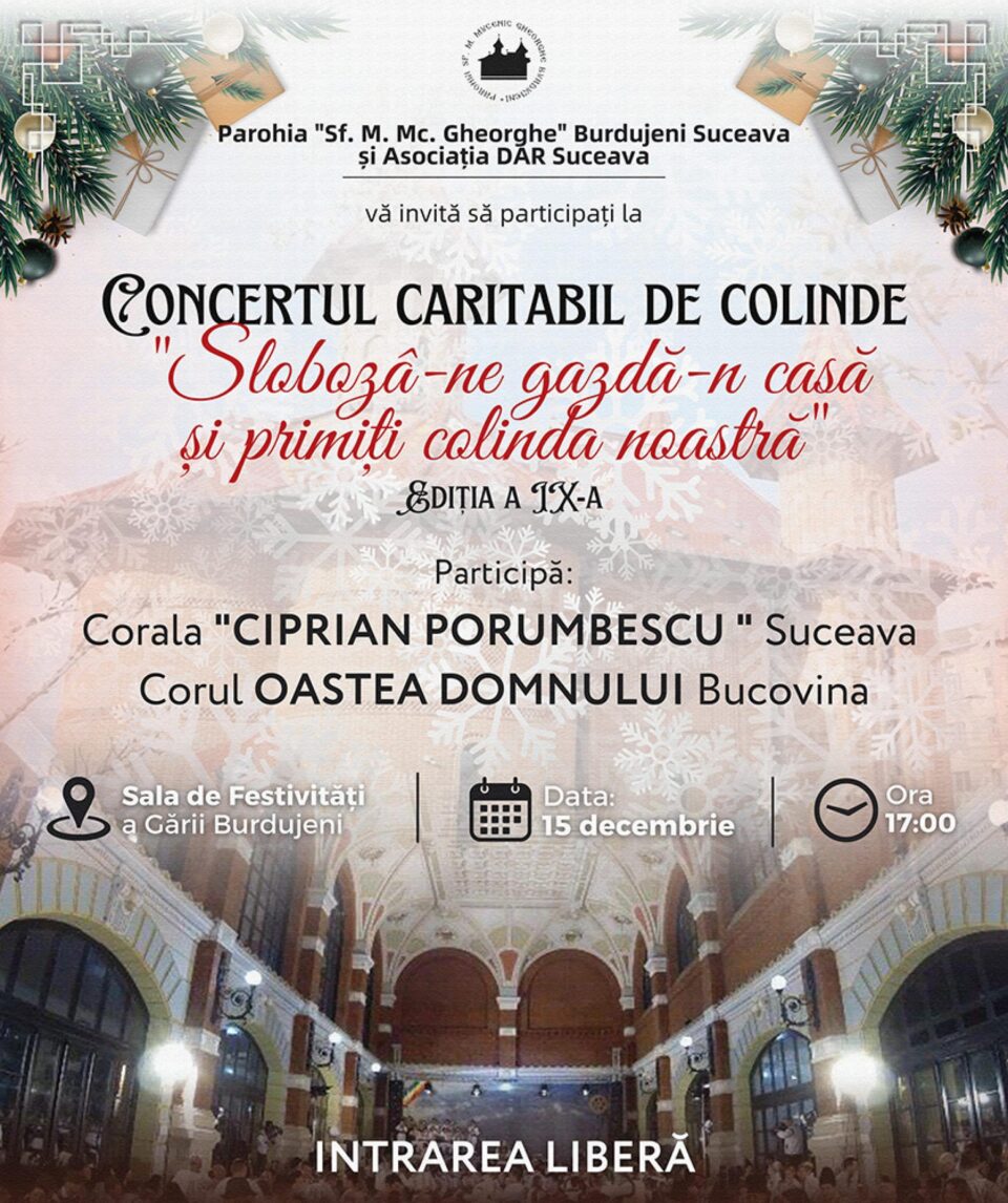 Parohia „Sf. Mare Mucenic Gheorghe” Burdujeni și Asociația „DAR” organizează un concert caritabil de colinde, la Gara Burdujeni Parohia „Sf. Mare Mucenic Gheorghe” Burdujeni și Asociația „DAR” organizează un concert caritabil de colinde, la Gara Burdujeni