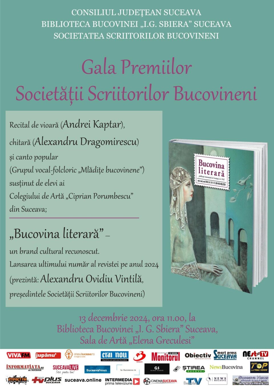 Gala Premiilor Societății Scriitorilor Bucovineni, vineri, la Biblioteca Bucovinei