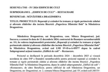 Reparații și extinderi la trotuare și rigole perimetrale zidului și aferente clădirilor din incinta Bisericii „Pogorârea Sfântului Duh” la Mănăstirea Dragomirna.