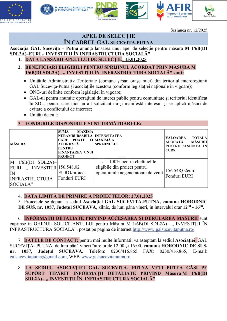 APEL DE SELECȚIE ÎN CADRUL GAL SUCEVIȚA-PUTNA