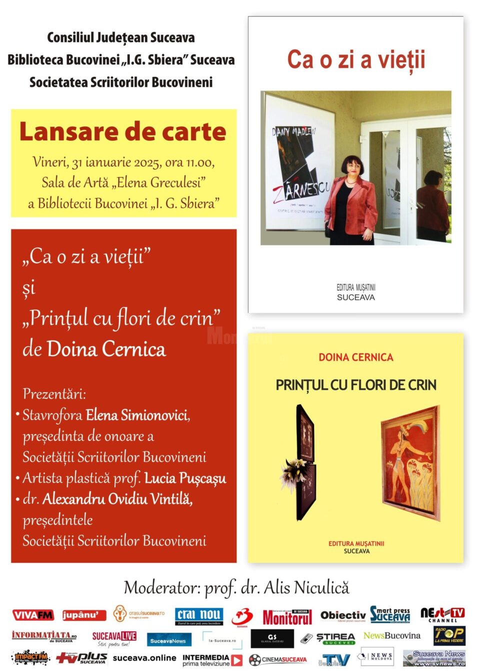 Dublă lansare de carte la Biblioteca Bucovinei „I. G. Sbiera”: „Ca o zi a vieții” și „Prințul cu flori de crin” de Doina Cernica