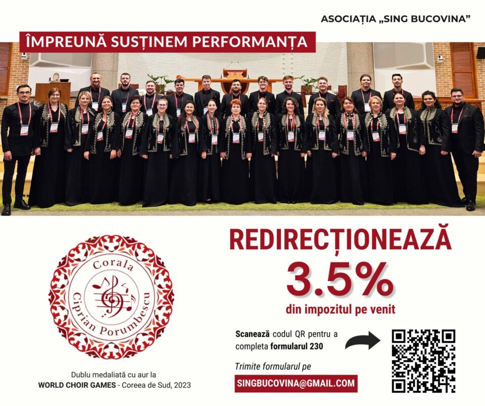 Corala „Ciprian Porumbescu” poate fi susținută prin redirecționarea a 3,5% din impozitul pe venit Corala „Ciprian Porumbescu” poate fi susținută prin redirecționarea a 3,5% din impozitul pe venit