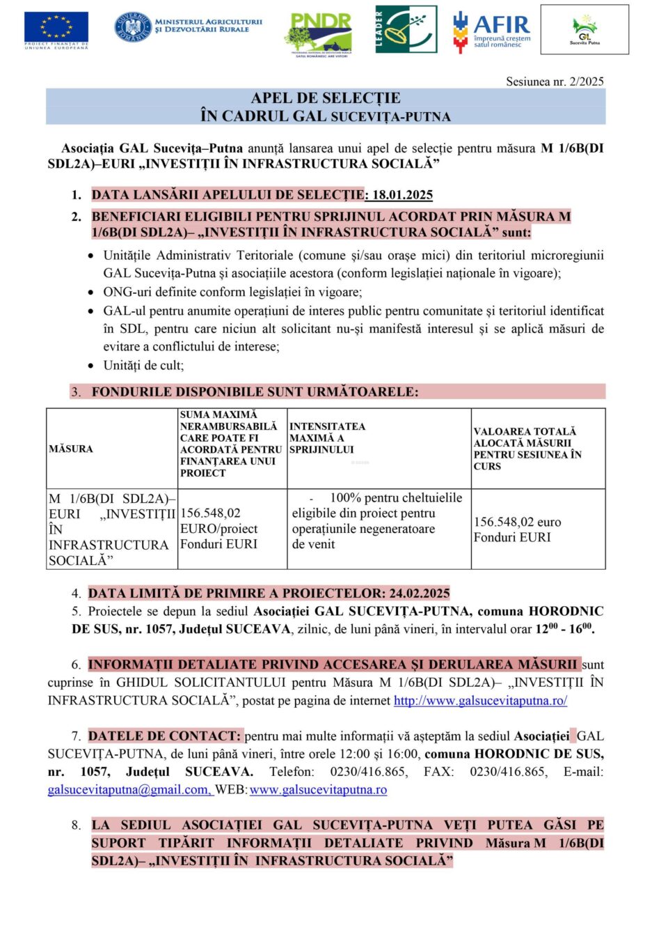 APEL DE SELECȚIE ÎN CADRUL GAL SUCEVIȚA-PUTNA