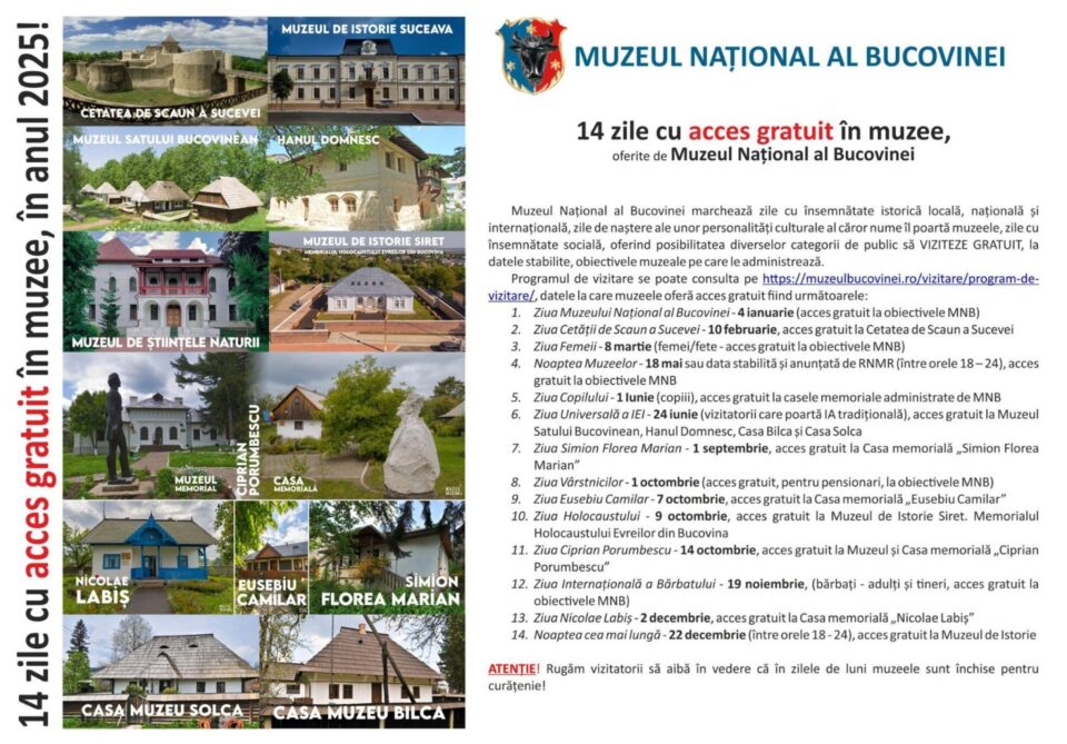 14 zile cu acces gratuit în muzee, oferite de Muzeul Național al Bucovinei