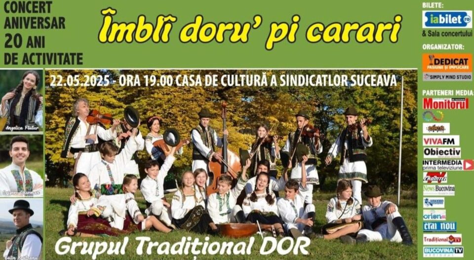 Grupul Tradițional Dor și artiștii Angelica Flutur, Călin Brăteanu și Grigore Gherman, în concert pe scena Casei de Cultură a Sindicatelor Suceava