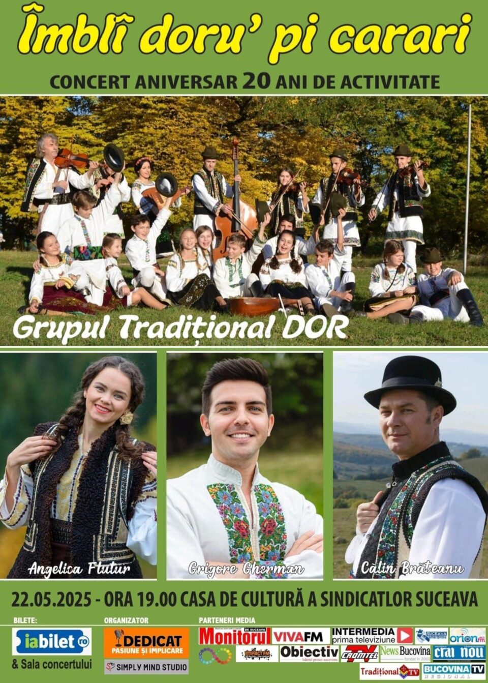 Grupul Tradițional Dor și artiștii Angelica Flutur, Călin Brăteanu și Grigore Gherman, în concert pe scena Casei de Cultură a Sindicatelor Suceava