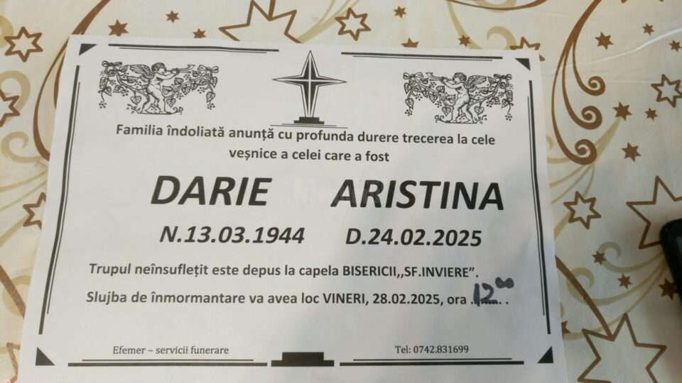 Profesoara de chimie Aristina Darie, care a activat mulți ani la Colegiul Național „Ștefan cel Mare” Suceava, a plecat la Ceruri