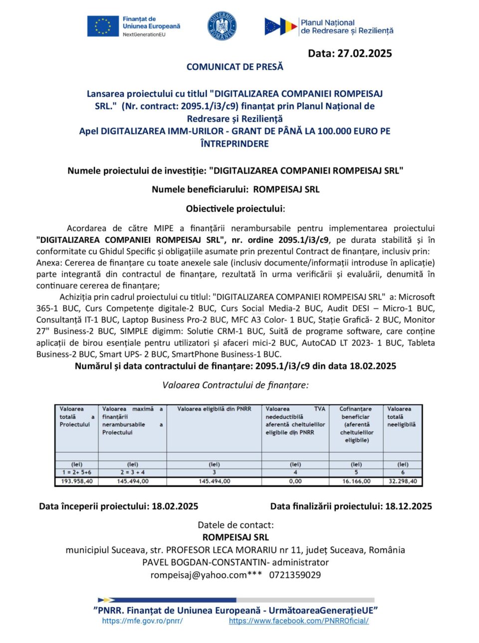 Lansarea proiectului cu titlul "DIGITALIZAREA COMPANIEI ROMPEISAJ SRL." (Nr. contract: 2095.1/i3/c9) finanțat prin Planul Național de Redresare și Reziliență