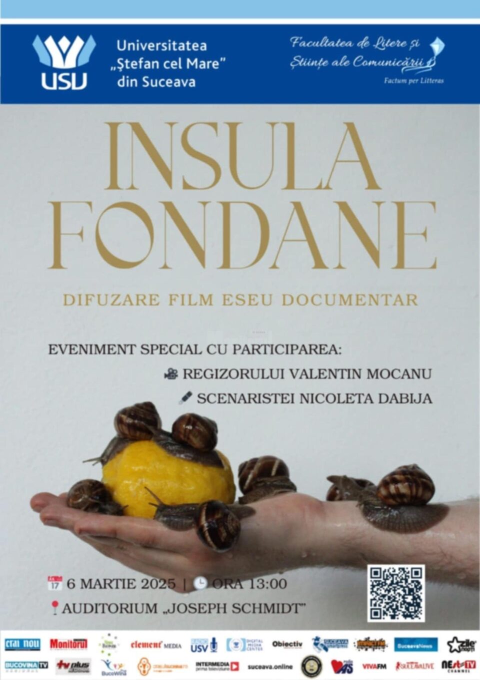 Difuzarea filmului eseu documentar ”Insula Fondane”, în cadrul unei întâlniri cu realizatorii, face tema unui eveniment care marchează Ziua USV Difuzarea filmului eseu documentar ”Insula Fondane”, în cadrul unei întâlniri cu realizatorii, face tema unui eveniment care marchează Ziua USV