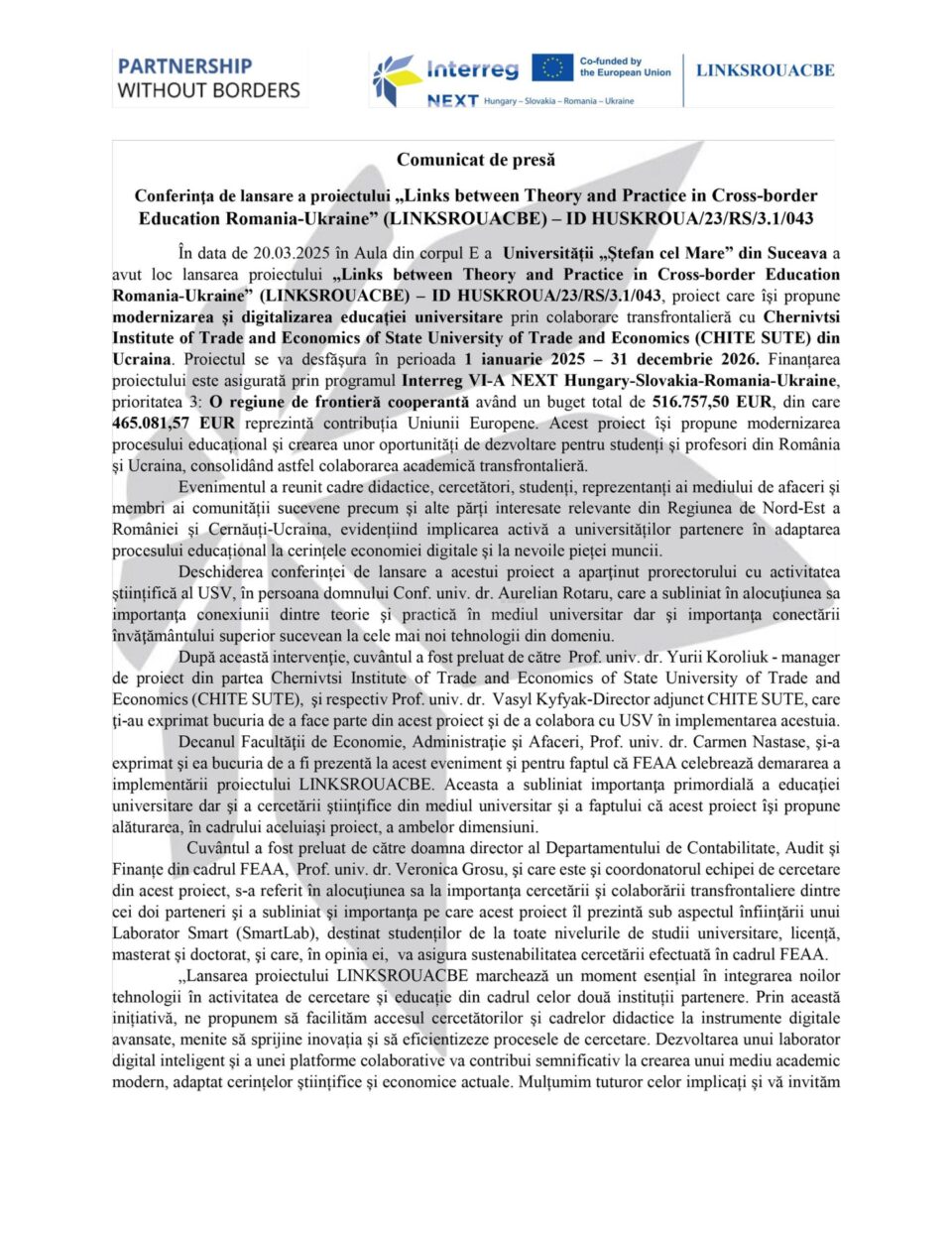 Conferința de lansare a proiectului „Links between Theory and Practice in Cross-border Education Romania-Ukraine” (LINKSROUACBE) – ID HUSKROUA/23/RS/3.1/043