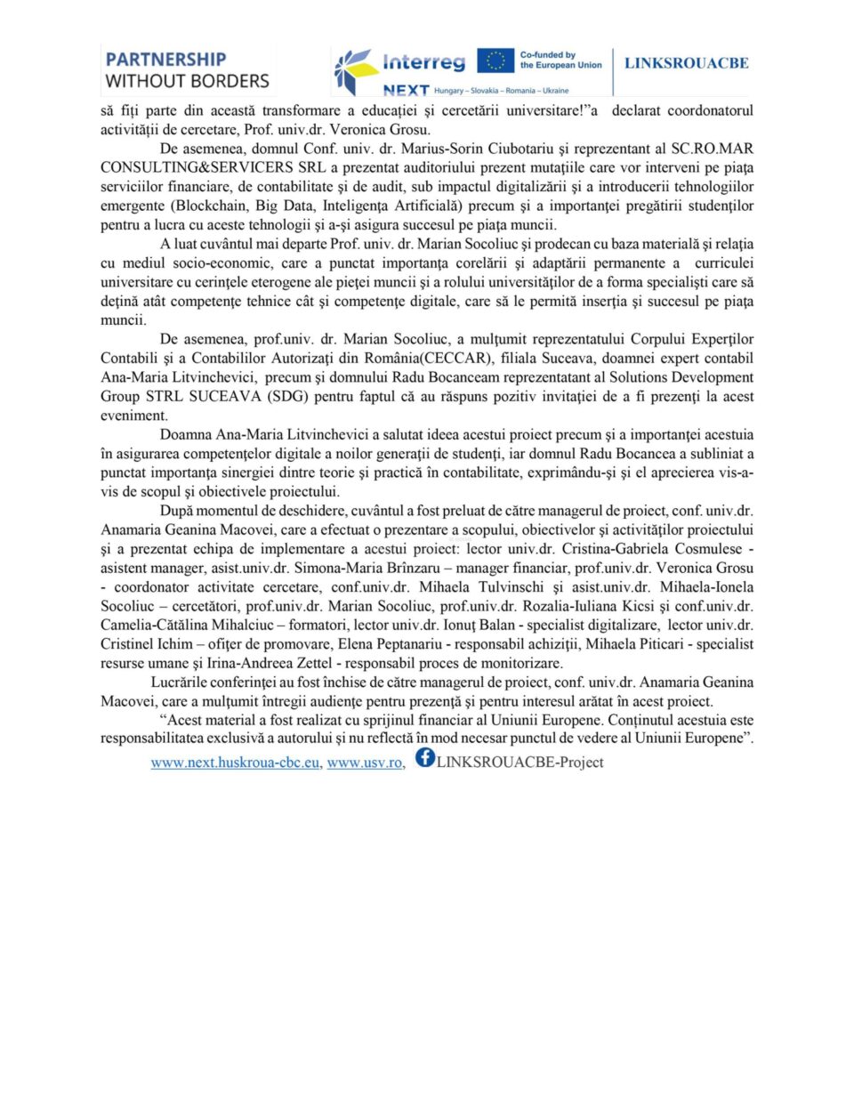 Conferința de lansare a proiectului „Links between Theory and Practice in Cross-border Education Romania-Ukraine” (LINKSROUACBE) – ID HUSKROUA/23/RS/3.1/043