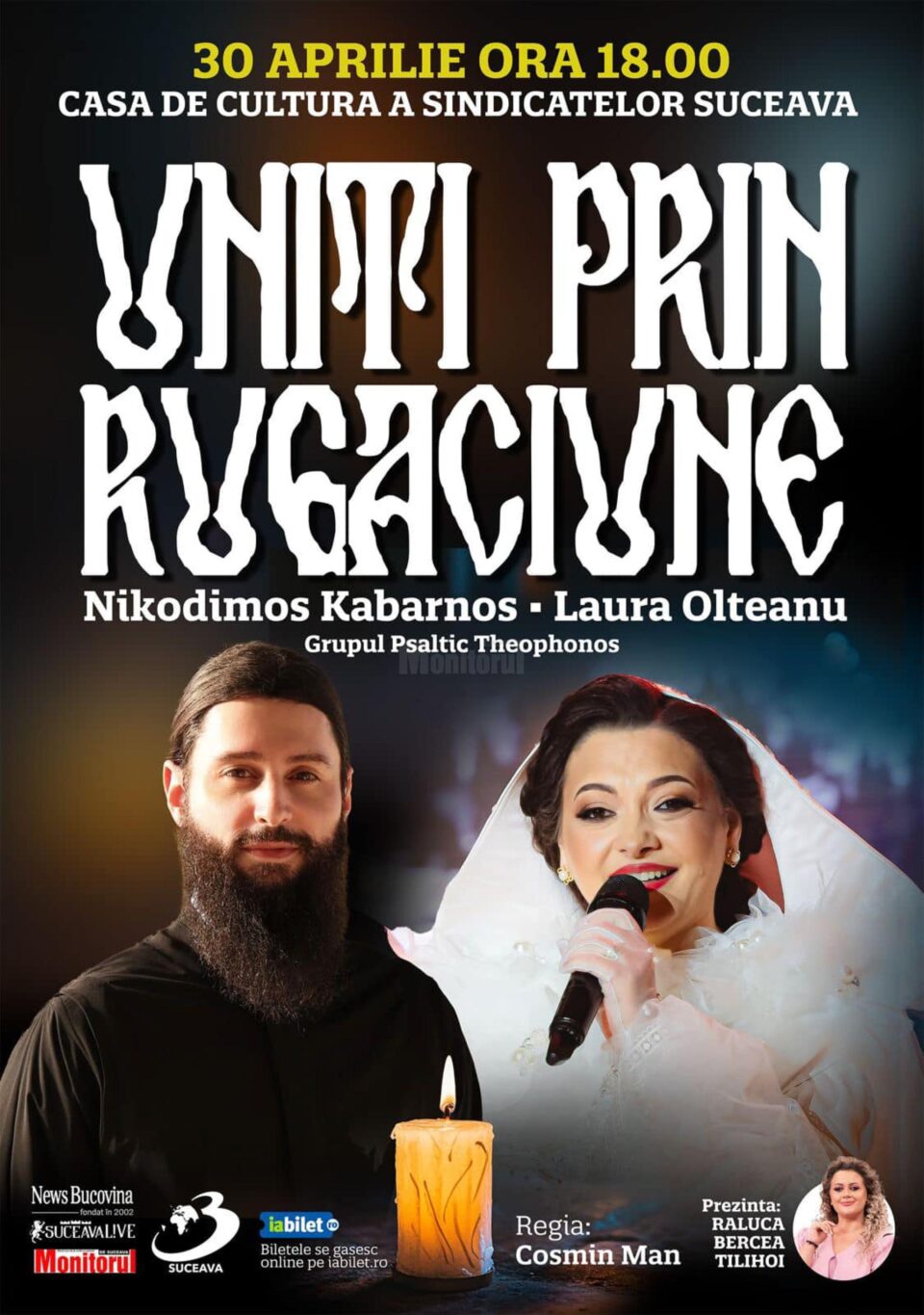 Laura Olteanu, părintele Nikodimos Kabarnos și Corul psaltic Theophonos, pe scena Casei de Cultură a Sindicatelor Suceava Laura Olteanu, părintele Nikodimos Kabarnos și Corul psaltic Theophonos, pe scena Casei de Cultură a Sindicatelor Suceava