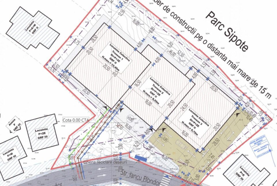 Amplasamentul complexului rezidențial în curs de autorizare la baza Parcului Șipote, pe strada Iancu Flondor