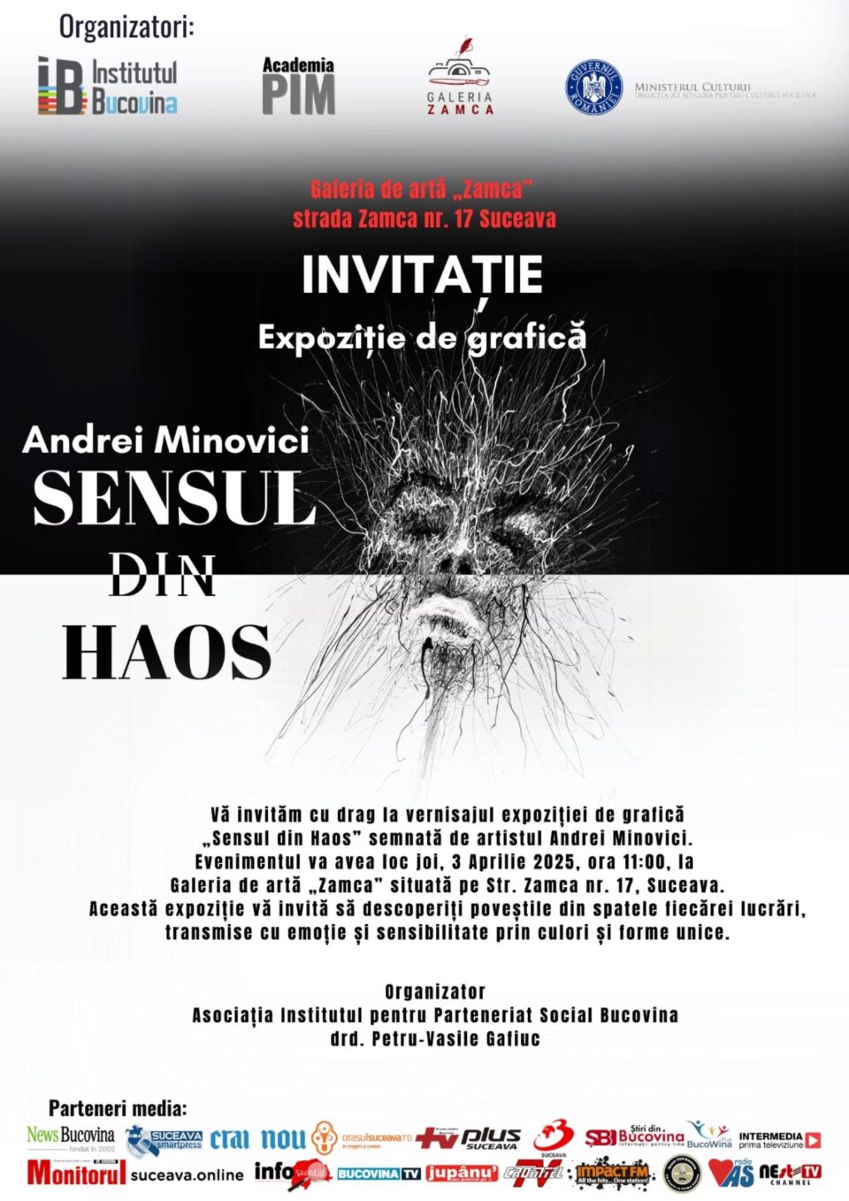 Expoziția de grafică „Sensul din haos”, semnată de Andrei Minovici, joi, la Galeria de artă „Zamca”