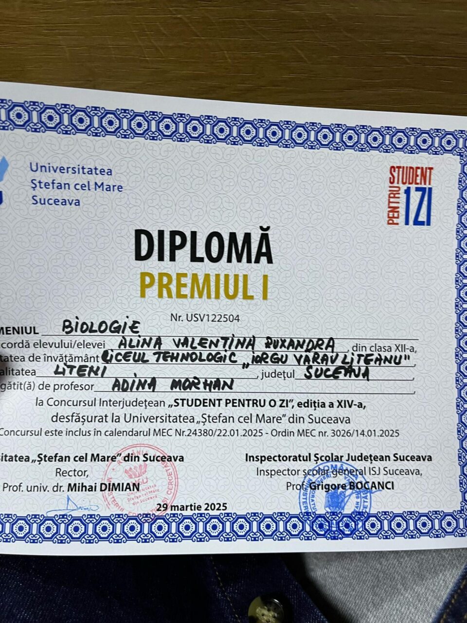 Premiul I la Concursul „Student pentru o zi” pentru eleva Ruxandra Alina Valentina, de la Liceul Tehnologic „Iorgu Vârnav Liteanu” din Liteni