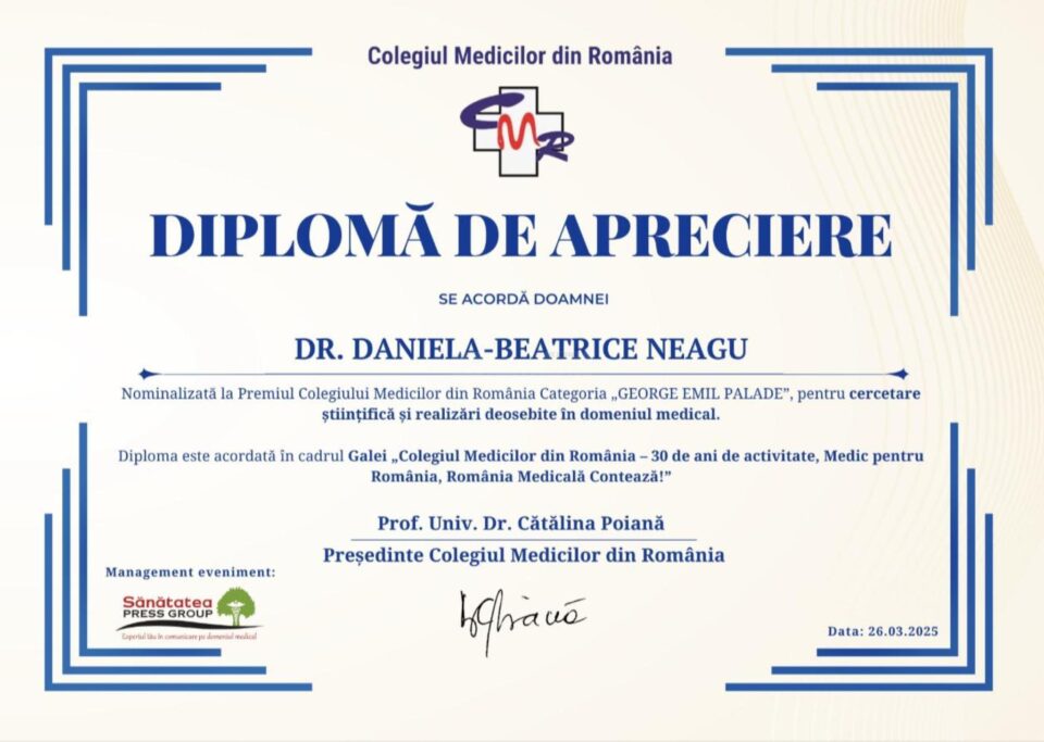 Diploma acordată dr. Daniela Beatrice Neagu