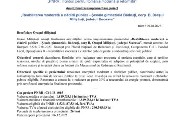 „Reabilitarea moderată a clădirii publice - Școala gimnazială Bădeuți, corp B, Orașul Milișăuți, județul Suceava”