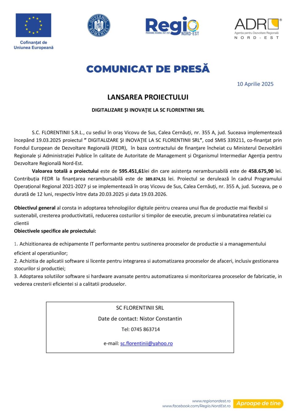 LANSAREA PROIECTULUI DIGITALIZARE ȘI INOVAȚIE LA SC FLORENTINII SRL