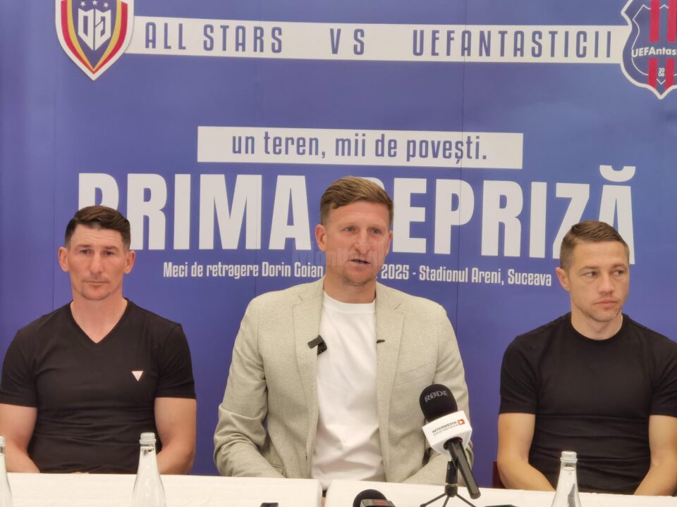 Dorin Goian, Mihai Roman și Daniel Bălan au prezentat și echipamentul oficial pe care îl vor îmbrăca cele două echipe - All Stars vs. UEFAntasticii, în meciul de pe 24 iunie