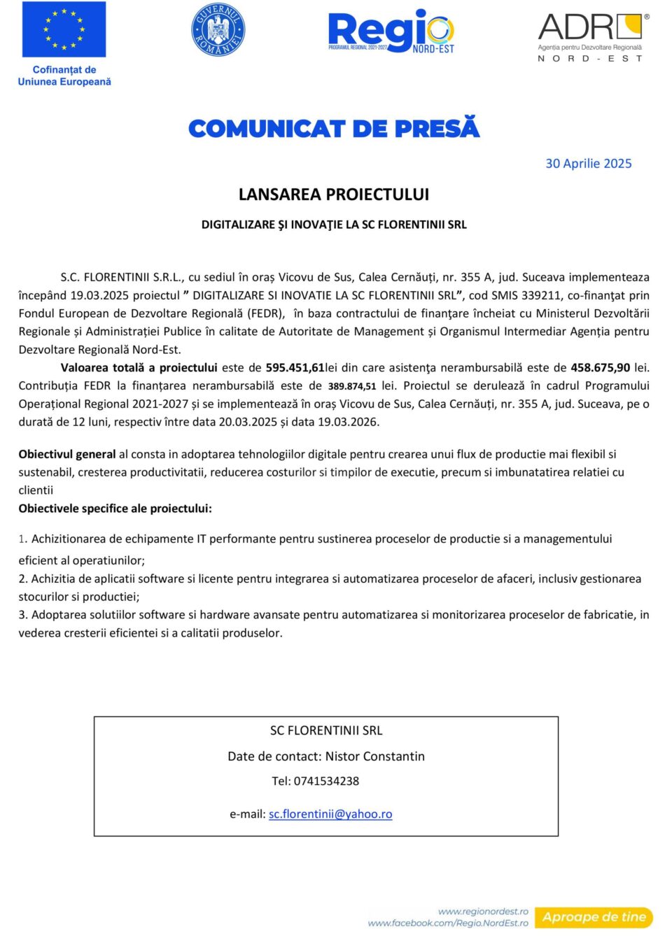 LANSAREA PROIECTULUI DIGITALIZARE ȘI INOVAȚIE LA SC FLORENTINII SRL