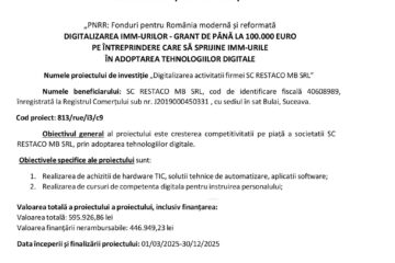 „PNRR: Fonduri pentru România modernă și reformată DIGITALIZAREA IMM-URILOR - GRANT DE PÂNĂ LA 100.000 EURO PE ÎNTREPRINDERE CARE SĂ SPRIJINE IMM-URILE ÎN ADOPTAREA TEHNOLOGIILOR DIGITALE
