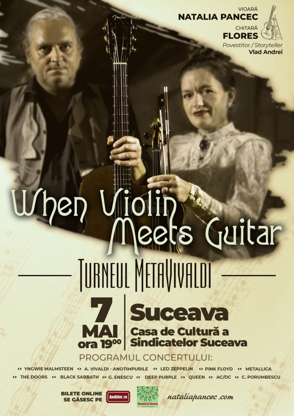 Artiștii Natalia Pancec - vioară și Emilian Florentin Gheorghe – chitară vor concerta miercuri pe scena suceveană Artiștii Natalia Pancec - vioară și Emilian Florentin Gheorghe – chitară vor concerta miercuri pe scena suceveană