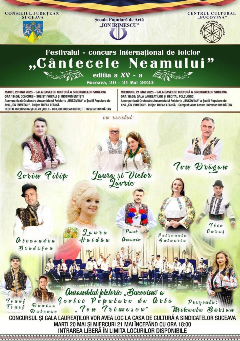Festivalul-Concurs „Cântecele Neamului”, marți și miercuri, pe scena Casei de Cultură a Sindicatelor Suceava