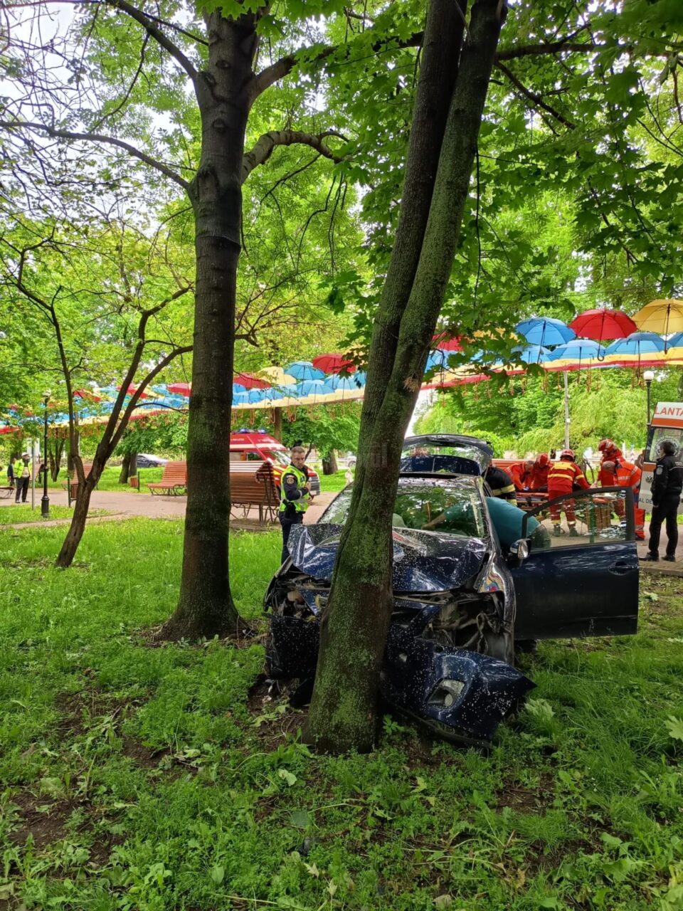 O mașină scăpată de sub control s-a oprit într-un copac din Parcul Central Rădăuți