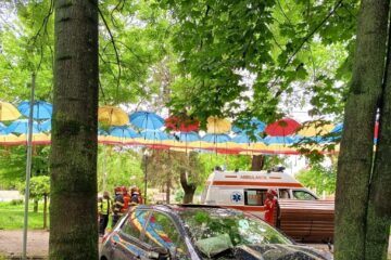 O mașină scăpată de sub control s-a oprit într-un copac din Parcul Central Rădăuți