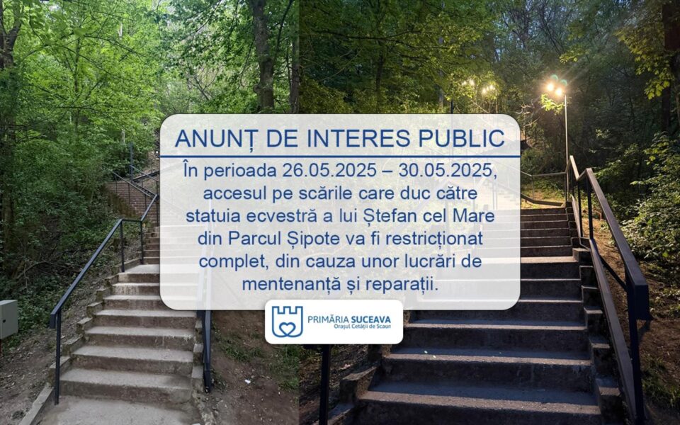 Acces restricționat pe scările către statuia lui Ștefan cel Mare de lângă Cetatea Sucevei, până la sfârșitul acestei luni Acces restricționat pe scările către statuia lui Ștefan cel Mare de lângă Cetatea Sucevei, până la sfârșitul acestei luni