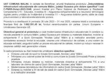 Comunicat de presă finalizare proiect PNRR C15 - Comuna MALINI