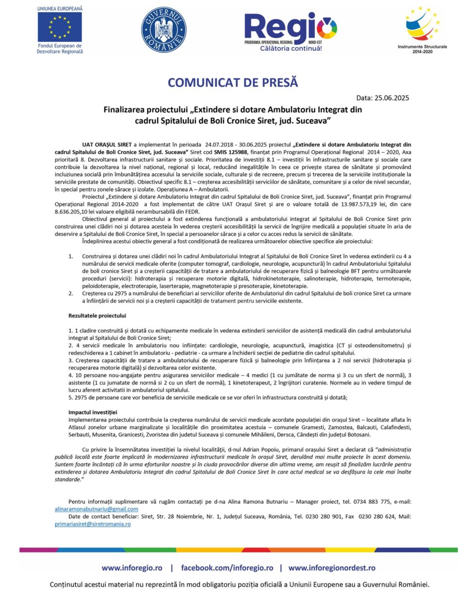 Finalizarea proiectului „Extindere si dotare Ambulatoriu Integrat din cadrul Spitalului de Boli Cronice Siret, jud. Suceava” Finalizarea proiectului „Extindere si dotare Ambulatoriu Integrat din cadrul Spitalului de Boli Cronice Siret, jud. Suceava”