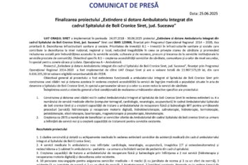 Finalizarea proiectului „Extindere si dotare Ambulatoriu Integrat din cadrul Spitalului de Boli Cronice Siret, jud. Suceava”