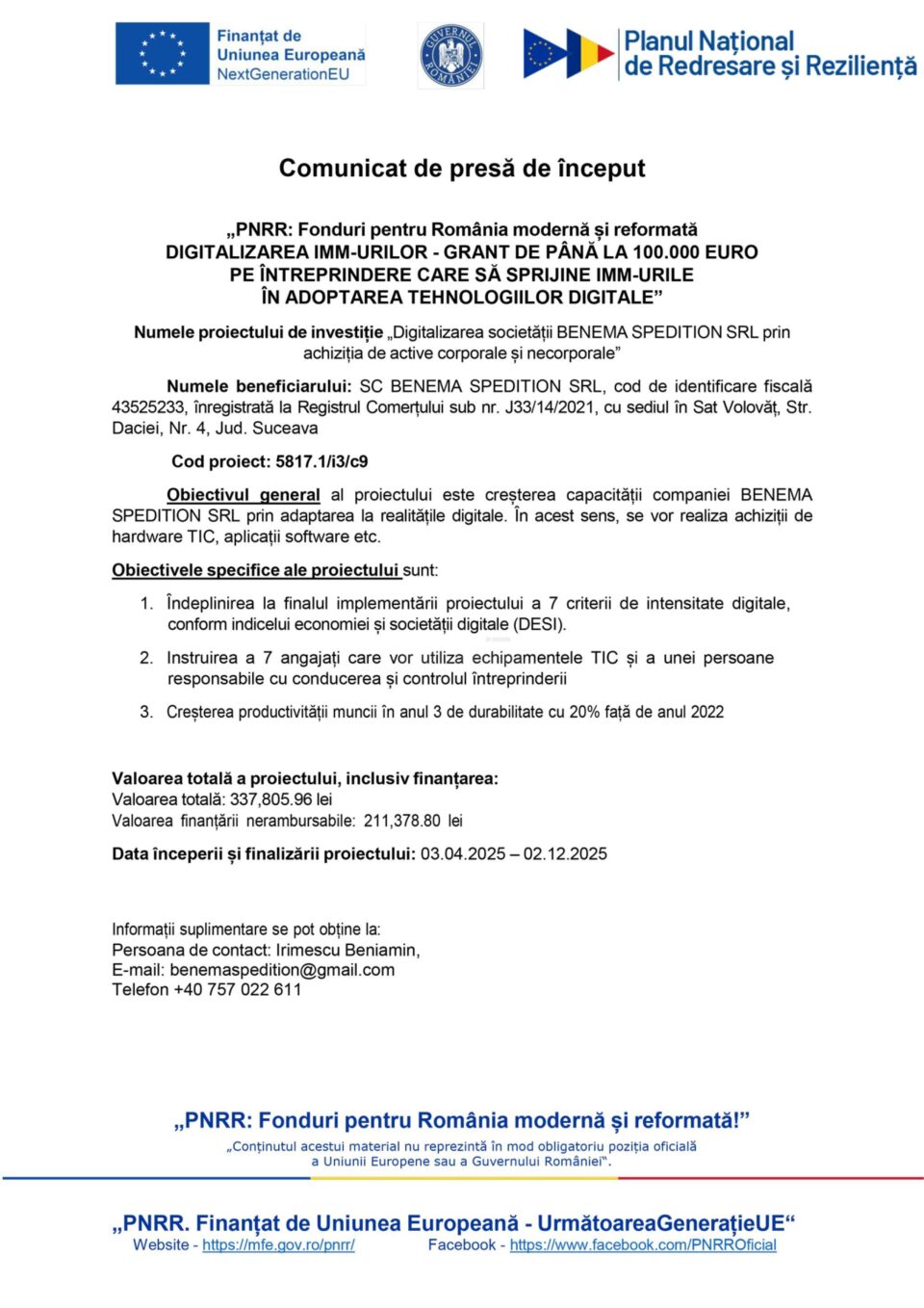 „PNRR: Fonduri pentru România modernă și reformată DIGITALIZAREA IMM-URILOR - GRANT DE PÂNĂ LA 100.000 EURO PE ÎNTREPRINDERE CARE SĂ SPRIJINE IMM-URILE ÎN ADOPTAREA TEHNOLOGIILOR DIGITALE” „PNRR: Fonduri pentru România modernă și reformată DIGITALIZAREA IMM-URILOR - GRANT DE PÂNĂ LA 100.000 EURO PE ÎNTREPRINDERE CARE SĂ SPRIJINE IMM-URILE ÎN ADOPTAREA TEHNOLOGIILOR DIGITALE”