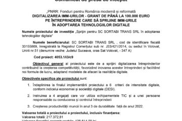 „PNRR: Fonduri pentru România modernă și reformată DIGITALIZAREA IMM-URILOR - GRANT DE PÂNĂ LA 100.000 EURO PE ÎNTREPRINDERE CARE SĂ SPRIJINE IMM-URILE ÎN ADOPTAREA TEHNOLOGIILOR DIGITALE