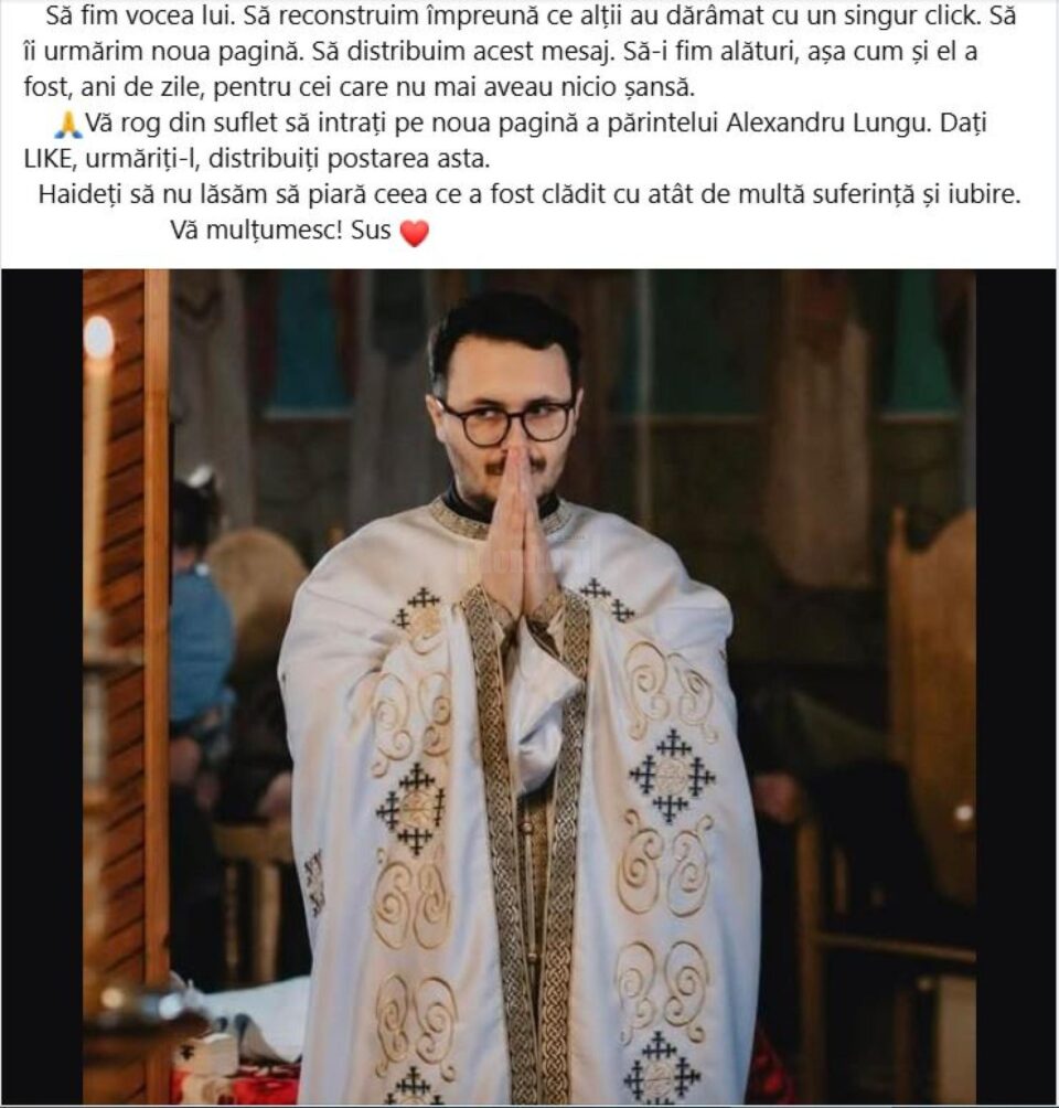 Preotul Alexandru Lungu a rămas fără pagina de socializare prin care a mobilizat mii și mii de oameni, să ajute pe alții