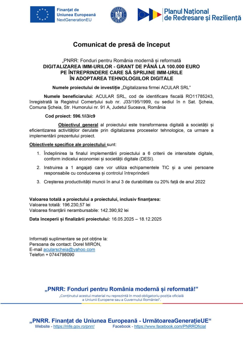 „PNRR: Fonduri pentru România modernă și reformată DIGITALIZAREA IMM-URILOR - GRANT DE PÂNĂ LA 100.000 EURO PE ÎNTREPRINDERE CARE SĂ SPRIJINE IMM-URILE ÎN ADOPTAREA TEHNOLOGIILOR DIGITALE