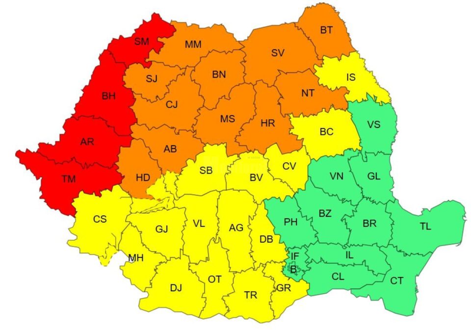 Cod portocaliu de instabilitate atmosferică accentuată, pentru luni, 7 iulie, în intervalul orar 13.00-21.00